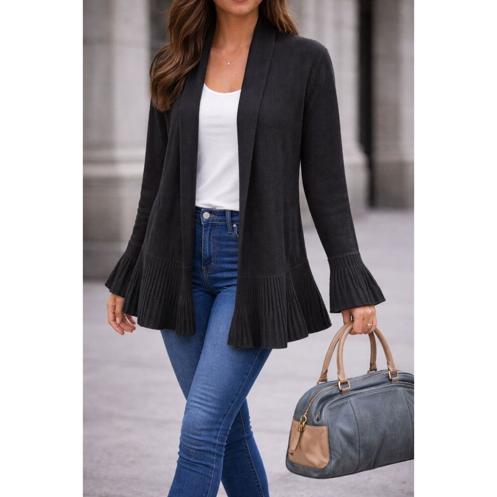 Jeanne Pierre Large Black Knit Cardigan Shawl Collar Sweater Pleated Sleeves